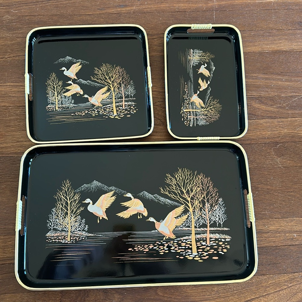 Black Gold Flying Crane Decorative Tray Set Japanese Style Serving Trays